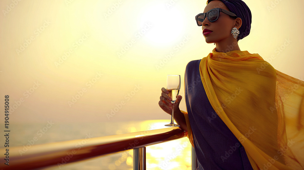Fototapeta premium Woman in Sunglasses Holding Wine Glass on Balcony