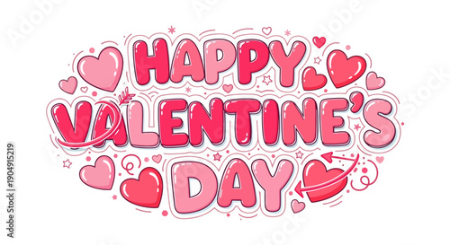 Happy Valentine's Day with cute pink hearts and arrows