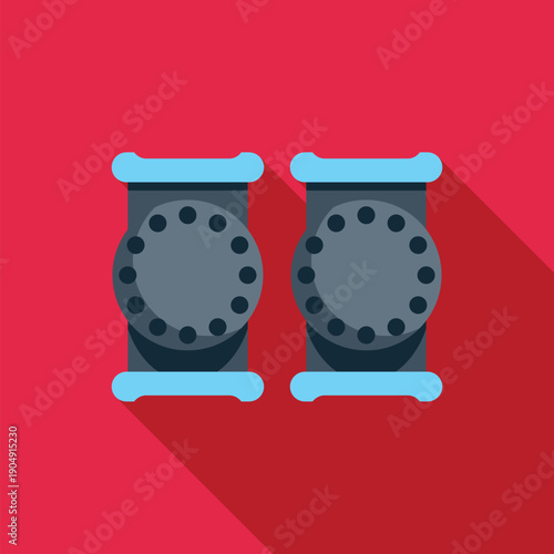 Two industrial pipeline flanges with bolts on a red background