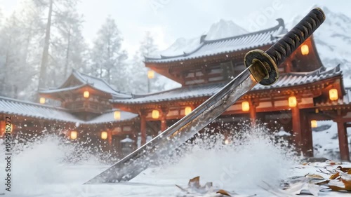 An ancient longsword resting amidst snow and fallen leaves in a serene Japanese temple courtyard during winter.