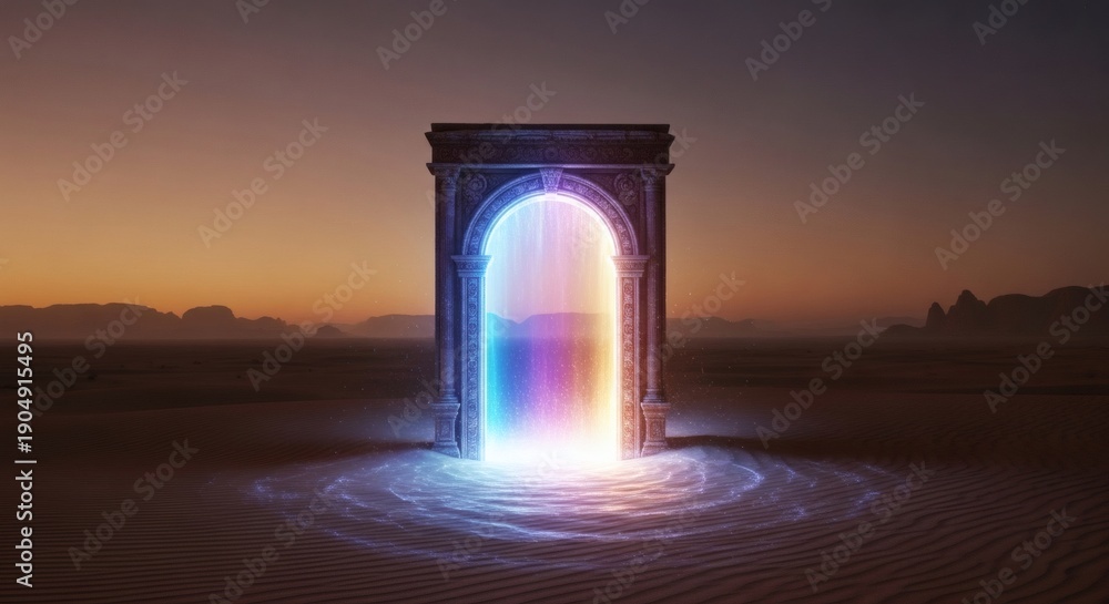 Fototapeta premium A glowing archway stands in the desert at sunset with a vibrant light emanating from it.
