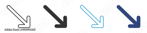Down Right Arrow Icon set, Directional Arrow Icon. Downward Diagonal Indicator Symbol. Vector Illustration . 