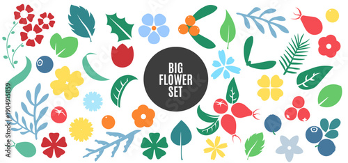 A colorful collection of floral and botanical elements in a playful design.