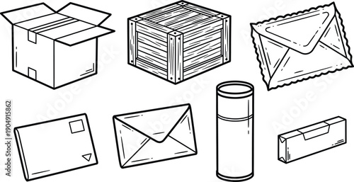 Outline illustration set of 6 shipping package types cardboard box wooden crate envelope and tube