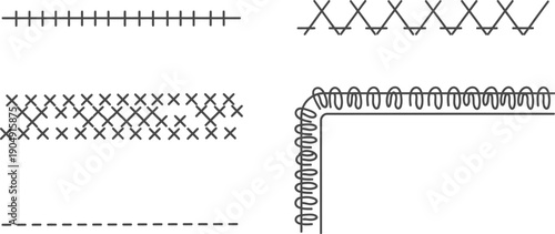 Outline illustration set of 5 sewing stitch patterns straight zigzag cross stitch and overlock line