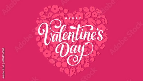 A vibrant pink background features the elegant text 'Happy Valentine's Day' surrounded by floral designs, evoking love and celebration.