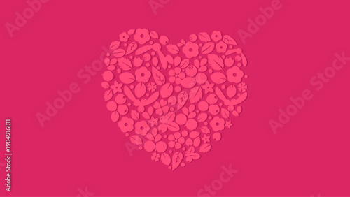 A vibrant pink background featuring a heart intricately filled with various floral patterns, exuding love and cheerfulness.