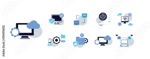 PC Work and Internet Connection Icons Set – High Tech Processes Flat Graphics Vector File