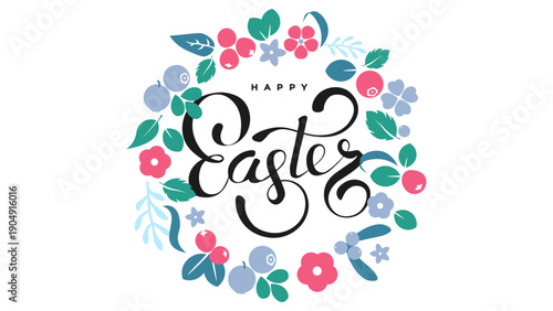 A vibrant floral wreath featuring colorful flowers and leaves surrounding the text 'Happy Easter' in elegant script.