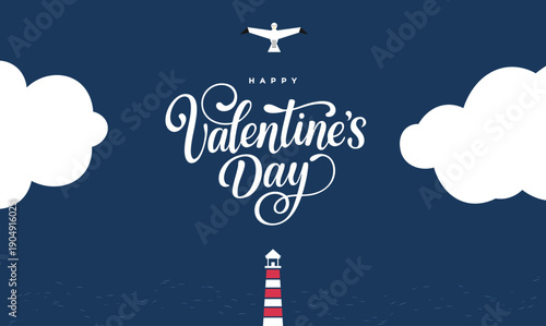 A serene Valentine's Day greeting featuring a lighthouse against a dark blue sky, accented with fluffy clouds.