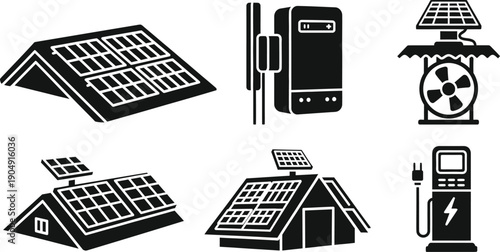 Collection of solar power system symbols showing battery and inverter
