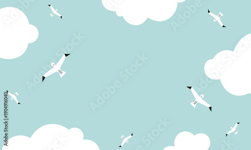 A serene sky depicted in soft blue, scattered with fluffy white clouds and graceful seagulls soaring above, evoking tranquility.