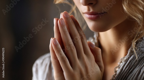 A woman is praying with her hands clasped together