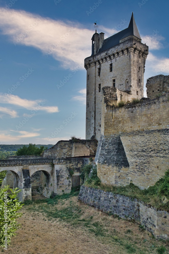 Obraz premium Medieval Castle Ruins and Stone Keep - Ancient medieval castle ruins and fortifications with a dominating stone keep tower under a dramatic blue, cloudy sky in the Loire Valley.