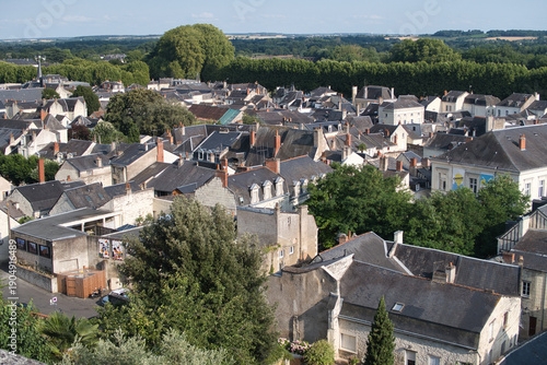 Loire Valley Old Town Rooftop Scene - Elevated view looking down over a charming historic French town, showcasing a dense array of traditional slate and tile roofs in the Loire Valley.