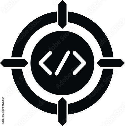 Code tags centered in a target representing programming, web development, and software goals