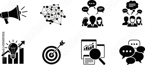 Flat Black and White Business Vector Icons Communication Strategy and Growth Concepts.eps