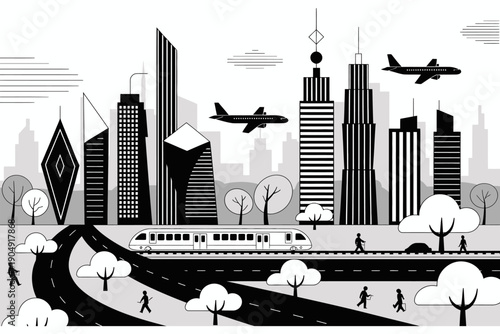 Modern futuristic cityscape featuring skyscrapers airplanes pedestrians and public transport on winding roads showcasing advanced architecture urban planning innovation dynamic metropolitan lifestyle 