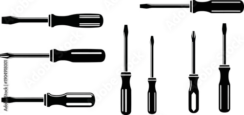 Minimalist black vector screwdriver set with flat and Phillips head designs.eps