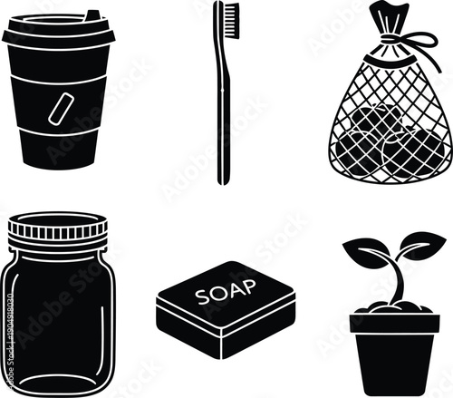 Set of eco friendly zero waste products icons