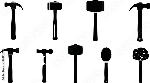 Simple black silhouettes of various hammers mallets and striking tools.eps