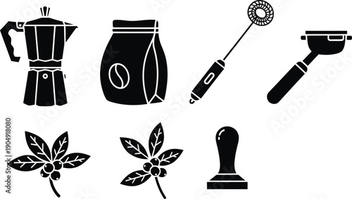Set of coffee preparation method icons including moka pot