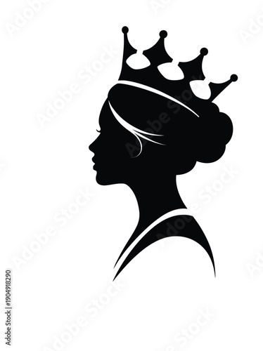 Black vector silhouette of queen or princess head with crown, side profile, elegant female icon isolated on white