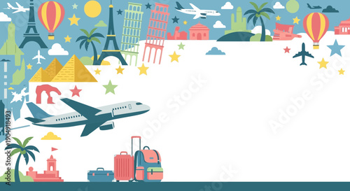 Airplane Flying with Travel Icons and Landmarks.