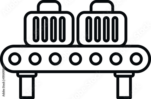 Suitcases traveling on a baggage claim conveyor belt in a black outline style