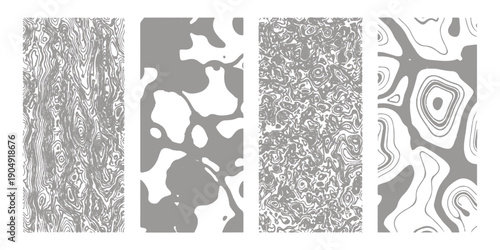 Four abstract grayscale patterns featuring grainy textures, camouflage shapes, speckles, and topographic contours