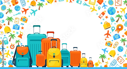 Colorful Suitcases and Travel Accessories Arranged Together.