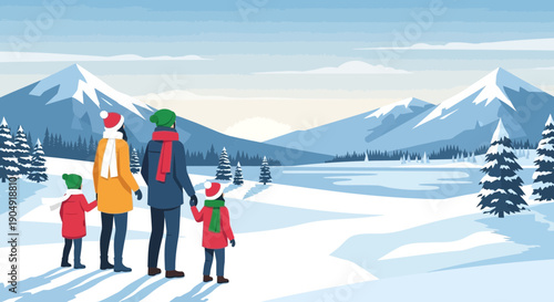 Family in Winter Clothes Enjoying Snowy Landscape.