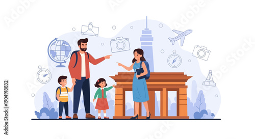 Family of four with backpacks standing together.