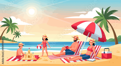 Family Relaxing on Beach with Umbrella.