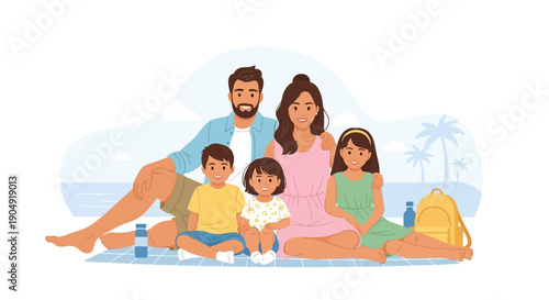 Family with Children Sitting Together on Beach.