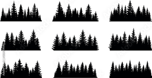 Coniferous Forest Silhouette Collection, Pine and Spruce Tree Treeline Borders, Black Timberland Vector Elements for Nature Landscape and Wilderness Graphic Design
