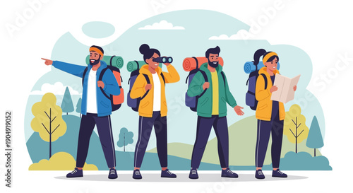 Group of Hikers with Backpacks and Maps.