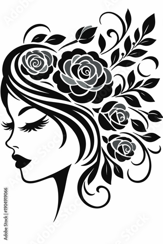 Monochrome floral woman silhouette, rose swirl hair in elegant tattoo style