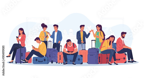 Group of People Waiting with Luggage.