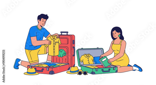 Man and Woman Packing Suitcases Together.