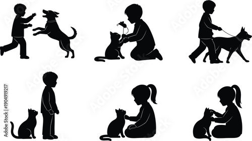 Children pets silhouette set kids playing feeding walking dogs cats loving family moments isolated white background vector illustration stock design