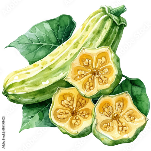 Okra, playful watercolor vector depicting lively antics and expressive gestures, isolated on a white background.