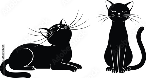 Black cat silhouette illustration, elegant sitting and lying feline poses, minimal pet design isolated on white background vector stock art