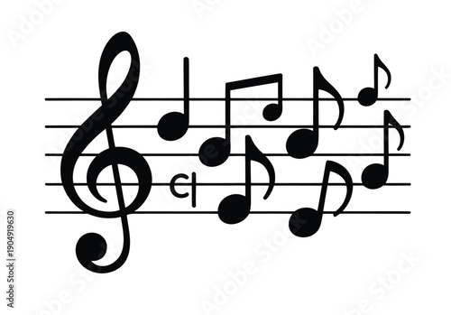 Black and white illustration of a musical staff with a treble clef and various music notes.