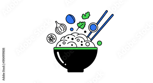 Bowl of food with ingredients illustration