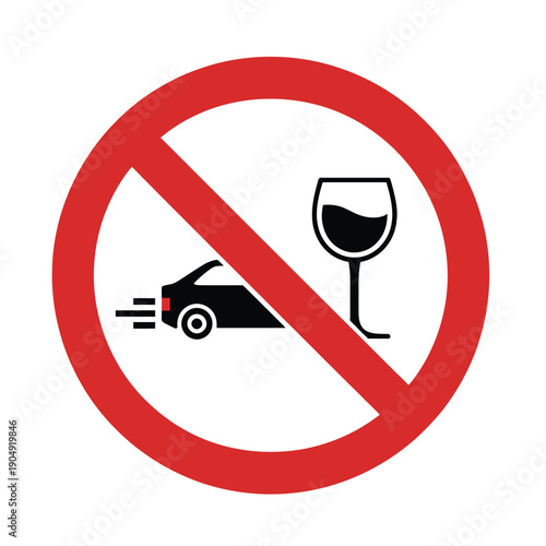 No drinking and driving sign with a car and a wine glass in a red prohibition circle.