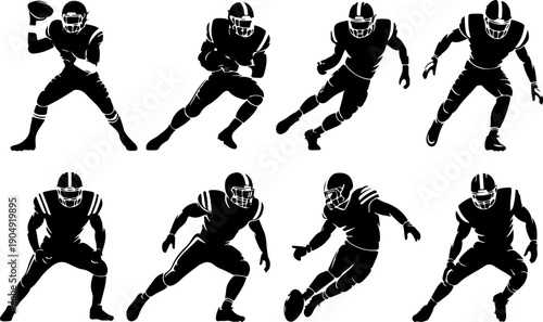 American Football Player Action Silhouette Set Black Vector