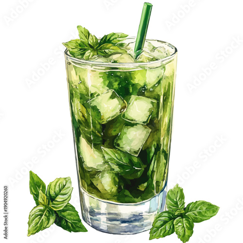 Mojito, cute watercolor illustration with intricate patterns and vibrant splashes, isolated on a white background.