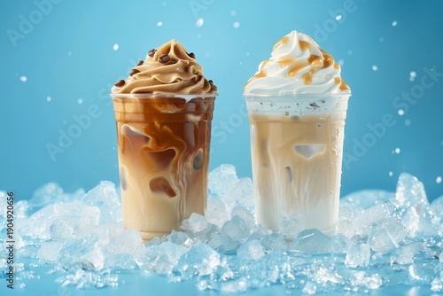 Iced coffee drinks with whipped cream topping