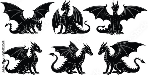 Black dragon silhouette set, fantasy winged dragon poses, mythical creature illustration collection isolated on white background, for design branding projects